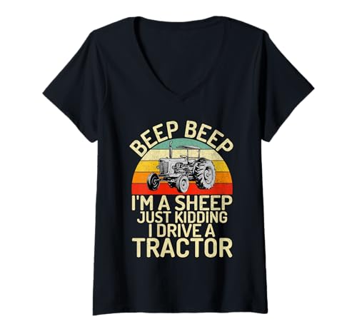 Mujer Beep Beep Soy una oveja es broma, conduzco un tractor Camiseta Cuello V