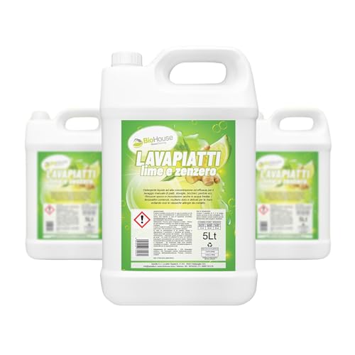 Detersivo Piatti Liquido 5 Litri Detersivo Piatti a Mano Detergente Mani Igienizzante Rimuove Sporco e Incrostazioni (Lime e Zenzero)
