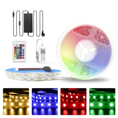 Striscia LED RGB da 5 m, 24 V, impermeabile, IP65, striscia LED RGB + bianco caldo, 3000 K, dimmerabile, con controller e alimentatore, 60 LED/m, cambia colore per interni ed esterni, compatibile con