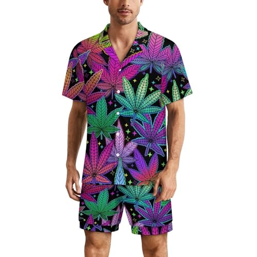 Neon Weed Mens Pajama Set Short Sleeve 2 Piece Sleepwear Button Down Tops And Shorts Loungewear Outfits