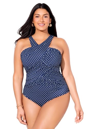 Swimsuits For All Women's High Neck Wrap One Piece Swimsuit - 14, Navy Pin Dot (Plus