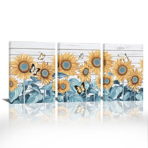 Sepwrol 3 Panel Rustic Sunflower Canvas Wall Art, Vintage Sunflower