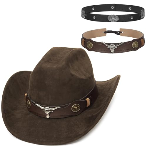 GEMVIE Cappello da cowboy in camoscio a due tipi di banda, largo bordo, cappello da cowgirl per uomini e donne, unisex, marrone, 56/58