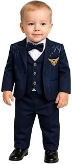 Nuwishtek Boys 4-Piece Formal Suit Set – Coat, Pants, Waistcoat, Shirt & Bow Tie | Kids Wedding Tuxedo (Blue, 6-12 Months) Price In India