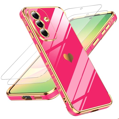 LeYi for Samsung Galaxy A57-5G Case: with Tempered Glass Screen Protector [2 Pcs]+ Full Camera Lens Protection,Love Heart Plating Girly Cute Luxury Soft TPU Shockproof Case,L-Red