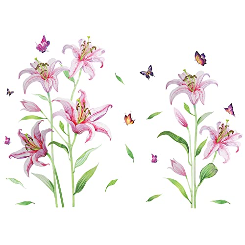 6 Pcs Pink Lilys Wall Decals Spring Flowers Wall Decal Blooming Floral Wall Stickers Diy Removable Natural Plants Wall Art Murals For Girls Baby Kids Bedroom Living Room Tv Background Home Decor #TOP6