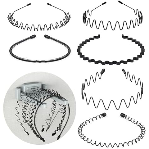 Ciyuhome 6 Pieces Metal Headband Men/Women,Hairbands Spring Hair Hoop with Holder Organizer,Sports Fashion Hair Bands Unisex Black Elastic Non Slip Simple Headwear Accessories Cover