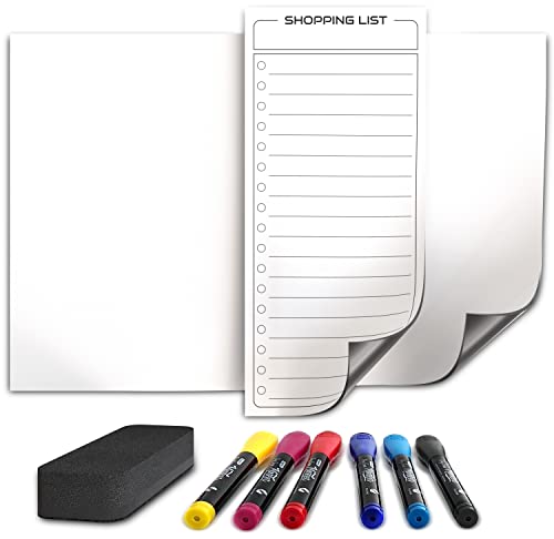 Magnetic Dry Erase Board For Fridge Whiteboard Magnetic White Board Refrigerator Magnet 8”X12” Magnetic Whiteboard For Fridge & Shopping Grocery List - 6 Dry Erase Markers Included #TOP9
