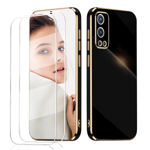 LENGRACE para OnePlus Nord 2 5G Borde Chapado Carcasa con 2 Protector Pantalla,Galvánico Silicona TPU Anti-Choque Antigolpes Funda-Negro