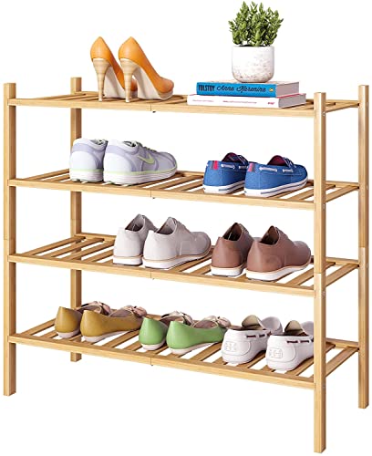 Zapatero apilable de bambú, resistente e independiente para entrada, pasillo y armario, solución de almacenamiento de madera natural para 4 pares de zapatos