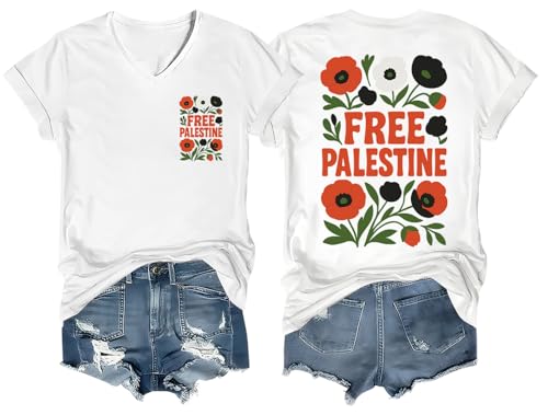 Free Palestine Shirt Graphic Tees Crew & V-Neck Weiß-vt-1 S