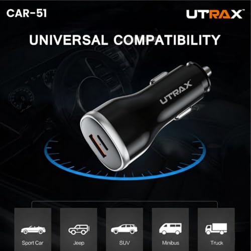 Image of UTRAX 51W Fast Car Charger with 33W PD & 18W QC | Dual Port All Protocol Charger for Car | Type-C Power Delivery & USB Quick Charge | Black | 1 Year Warranty (51W (with USB to Type C Cable))