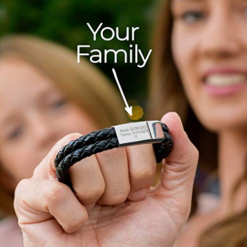 Handmade Personalized Engraved Bracelet For Men In Stainless Steel And Black Leather - Custom Made Father's Day Christmas Gifts, Stacking Man Valentines Day Jewelry (Stainless Steel) #TOP6