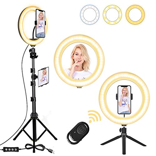 Monwillado 10'' Selfie Ring Light with Stand, Dimmable LED Ring Light with Phone/Pad Holder, LED Camera Ringlight for Live Sream Makeup YouTube Video Photography, Compatible with iPad iPhone Android