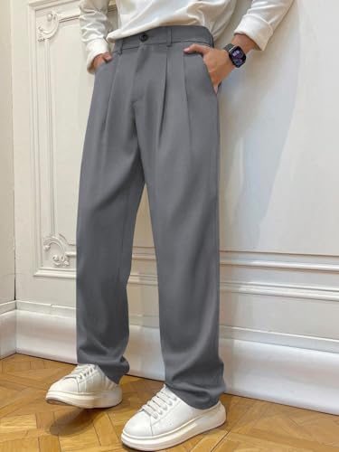 Image of Men's Relaxed Straight Leg Loose Fit Pleated Trousers | Mid-Rise Formal Pants with Zip Fly & Button Closure | Solid Regular Length Office Wear Trousers