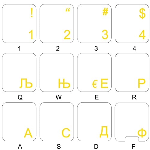 SERBIAN KEYBOARD LABELS LAYOUT with YELLOW LETTERING TRANSPARENT BACKGROUND for DESKTOP, LAPTOP and NOTEBOOK