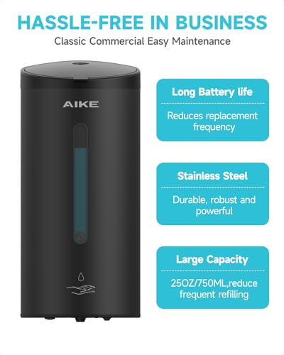 Image of AIKE Automatic Liquid Soap Dispenser,25oz Capacity for Bathroom,Matteblack | No-Drill and Screw Wall Mount Install Design for Space-Saving,4*AA batteries(Not Included) Ensure Long Standby,Model AK1205E