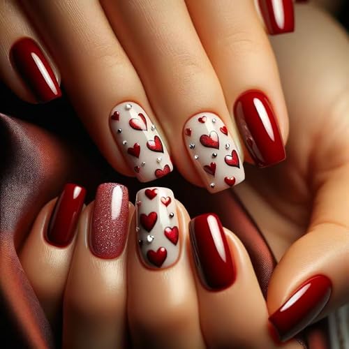 24Pcs Valentine’s Day Glitter Press on Nails Square Medium Fake N...