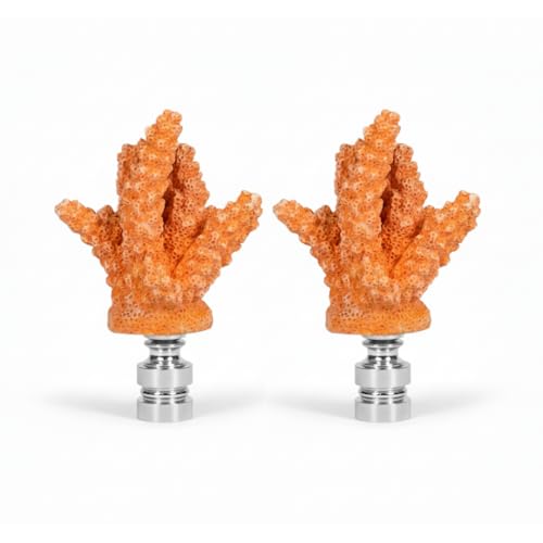 Image of Royal Designs, Inc. Sea Life Lamp Finial, Large Coral, Orange, Polished Silver Base, Replacement Finial for Table or Floor Lamps, Set of 2