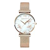 Watches for Women Japanese Analog Quartz Fashion Casual Rose Gold Silver Stainless Steel Band Waterproof Crystal Pearl Dial Bracelet Dragonfly Reliefs (Rose Gold)