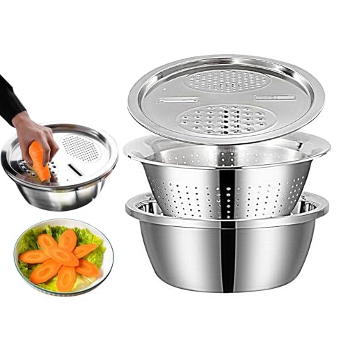 Multifunctional Stainless Steel Basin | Large Capacity Colander Basin Mixing Bowl Set | 3in 1 Multifunctional Kitchen Grater | Germany Drain Basin Colander Strainer for Kitchen for Fruit Vegetable