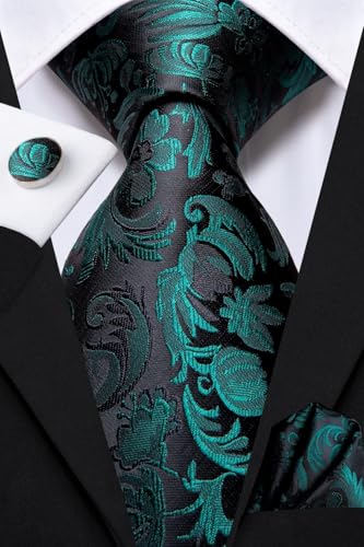 Image of Dubulle Mens Paisley Striped Tie Woven Necktie for Men and Handkerchief Cufflinks Set Wedding Formal Business