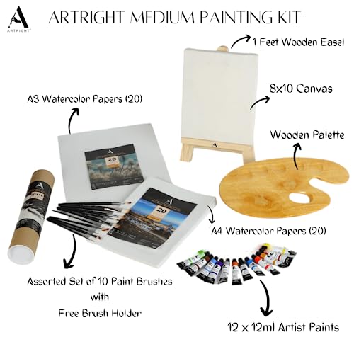 Image of 65 Pcs Professional Painting Kit - Art Kit for Painting (Paint Brushes Set of 10-1 Feet Easel Stand - Painting Palette - Set of 12 Artist Paints - 8x10 Canvas - 40 A3 & A4 Watercolor Papers)