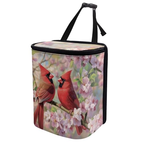 Image of Talayituse Cardinal Cherry Blossom Print Car Trash Bin, Large Size Auto Trash Can Adjustable Portable Garbage Can with Lid, Vehicle Hanging Bag for Headrest Front Back Seat