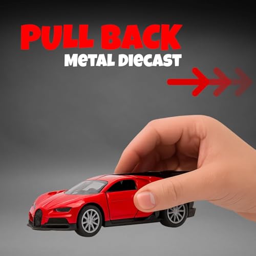Image of Bugatti Die Cast 1:32 Scale Metal Pull Back Car with Openable Doors | Premium Alloy Toy Vehicle for Kids Boys Girls | Realistic Mini Racing Model Car | Durable Collectible Gift Red