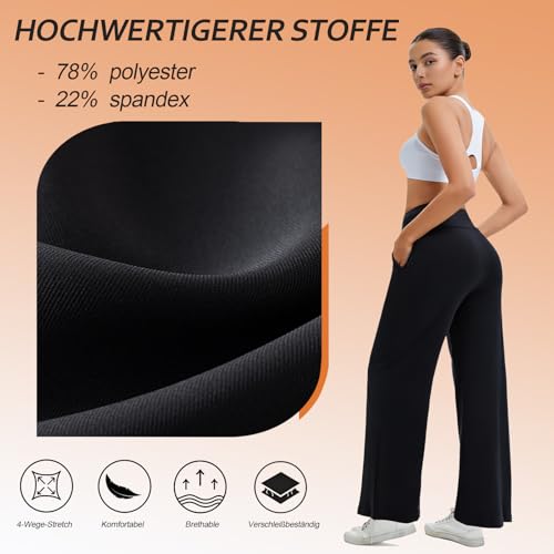 ACTINPUT Yogahose Damen High Waist - Straight Hosen Damen mit Taschen, Weites Bein Schlaghose Freizeithose Jogginghose Baggy Ohne Baumwolle Hochwertig Schwarze Sport Leggings Damen Lang(Schwarz,M)