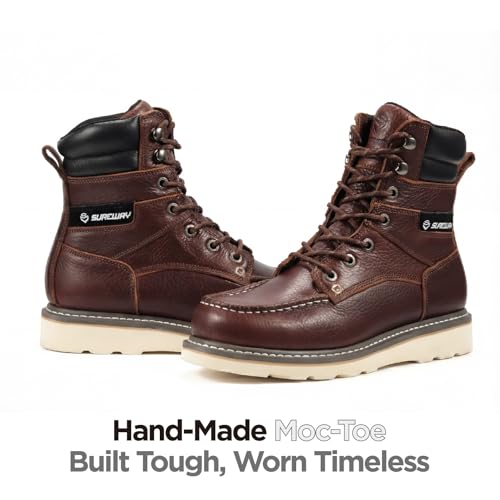 Image of SUREWAY 8 inch Soft Toe Work Boots for Men - GoodyearWelt Full Grain Leather, Lace Up Moc Toe Work Shoes, EH Construction Oil /Slip Resistant, Durable Rubber Sole Boots for Warehouse, Factory, Daily Wear