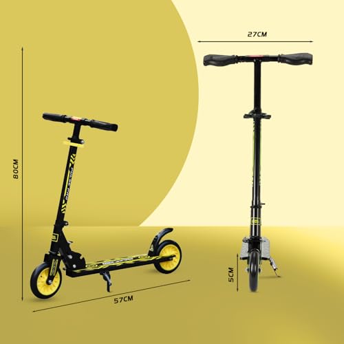 Image of Amazon Brand - Jam & Honey Kick Scooter | Foldable 2-Wheel Design with Rear Brake | 3-Height Adjustable Handlebar | BIS Certified | 50 kg Max Load | Neon Yellow | Ages 6-13 Years