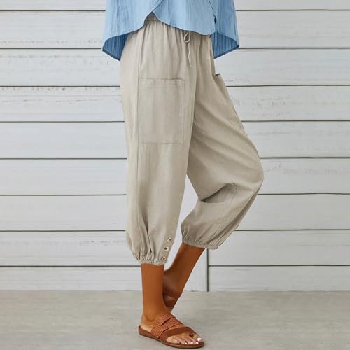 Capris Pants for Women Cotton Linen Casual Summer Pants Plus Size Drawstring Elastic Slacks Pocket Beach Clothes4