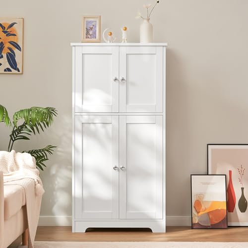 Image of TEENFON Bathroom Floor Storage Cabinet, Freestanding Bathroom Storage Unit with 2 Adjustable Shelves & 4 Doors, White