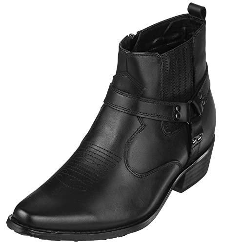 CALTO Men's Invisible Height Increasing Elevator Shoes - Black Premium Leather Cowboy Zipper Boots - 3.3 Inches Taller - T8112 - Size 10 D(M) US