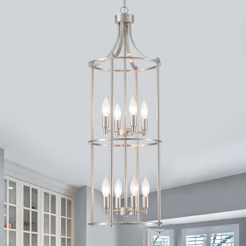 XINGQI Brushed Nickel Chandeliers for High Ceilings, 8 Light Lantern