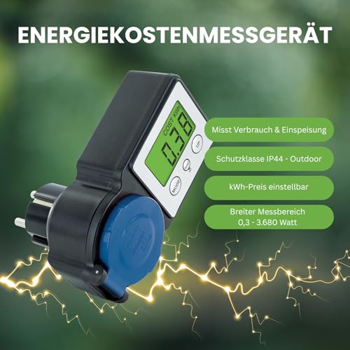SCHWAIGER Energiekostenmessgerät Stromzähler Steckdose Outdoor IP44 Einspeisemessgerät Balkonkraftwerk Solaranlage beleuchtetes Display Watt Volt kWh digital Stromkostenmessgerät Einspeisung messen