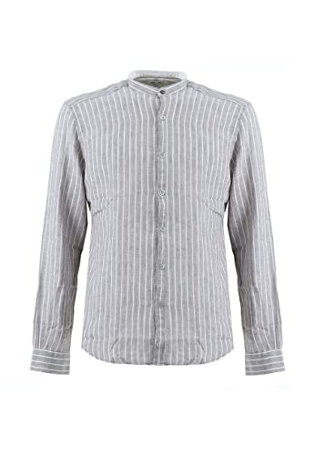 Chemise col coréen rayé mélangé lin pour homme en bleu ciel