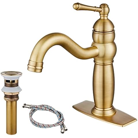 Heyalan Antique Brass Lavatory Sink Faucet Bathroom Vanity Basin Deck Mounted Single Hole 1 Lever Vintage Vessel Mixer Tap Retro Hot and Cold Water Handle Solid Brass Pop-up Drain Included Cover