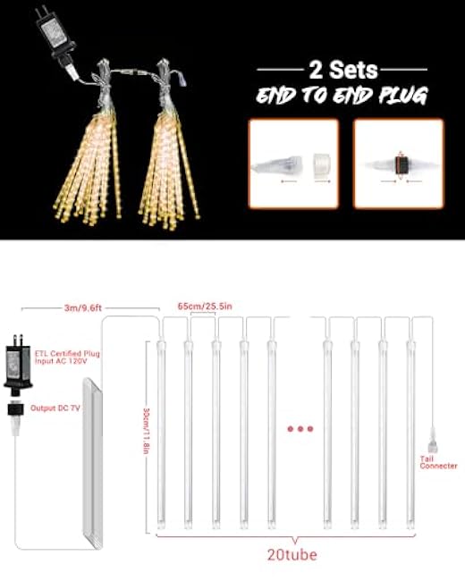 iBaycon 20 Tubes 480 LED Meteor Shower Rain Lights, 11.8 inches Cascading Icicle Lights Waterproof Outdoor, Connectable Falling Raindrop Lights with Timer for Holiday Party Christmas Decorations