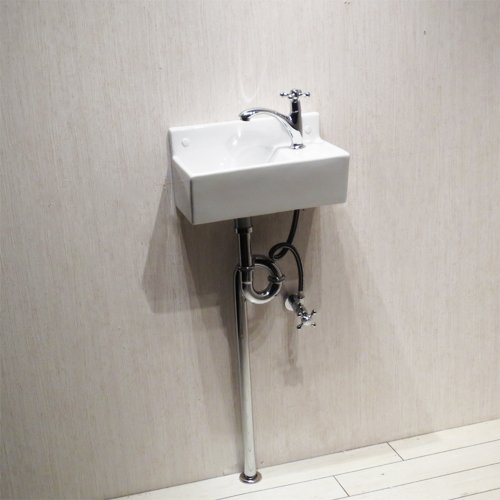 洗面ボウルセット 壁付け 陶器 洗面ボウル+単水栓+プッシュアップ式排水栓+トラップ 4点セット 幅35.5×奥行16.5×高18cm MIN-33 INK-0405052Hset (Sトラップ(床下への排水用))
