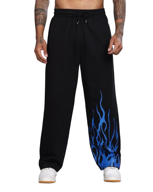 Image of Cotton Joggers with Blue Flame Print | Elastic Waist Track Pants | Casual Streetwear | Black Baggy Pants | Sweatpants for Gym Running and Lounge
