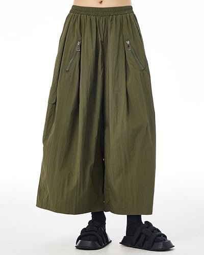 ellazhu Women's Pants Elastic Waist Solid Color Zipper Two Side Pockets Wide Leg Baggy GE193