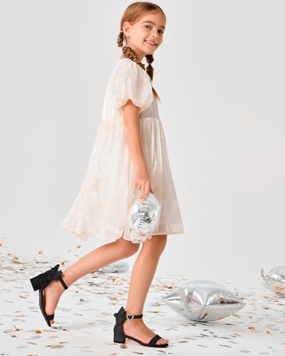 Coutgo Girl's Bow Tie Heeled Sandals Open Toe Chunky Low Heel Rhinestone Princess Dress Shoes3