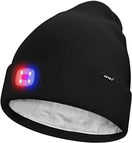 ATNKE Unisex LED Lighted Beanie Hat,USB Rechargeable 4 LED Red and Blue Glow Flashing Running Headlamp Ultra Bright Cap with Head Torch Winter Warm Lined Fleece Gifts for Men and Women