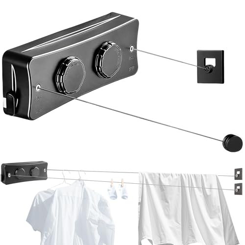 Corde à Linge Rétractable pour Intérieur et Extérieur, 2 x 5.1M Acier Inoxydable Fil a Linge Retractable, Étendoir à Linge Gain de Place (Noir)