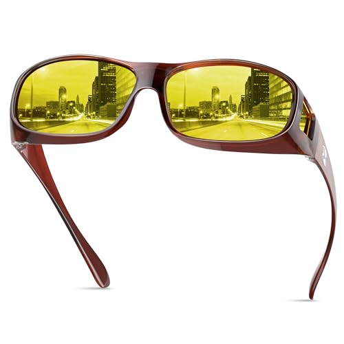 suoso Night Driving Vision Glasses Fit Over Eyeglasses for Men Women, Anti Glare Polarized Nighttime Glasses HD Yellow Lens