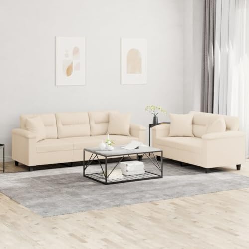 Tonture Juego de sofá de 2 piezas, tela de microfibra beis, con cojines, estructura de metal resistente de madera contrachapada, acolchado cómodo para salón, 150/210 cm de ancho