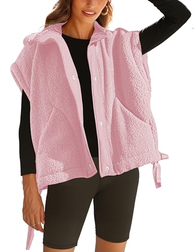 OPCAKM Women's Fuzzy Fleece Vest Oversized Sleeveless Sherpa Jacket Warm Button Down Gilet Outerwear with Pockets(Pink-S)