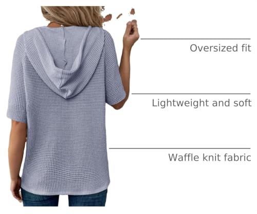 Image of Dokotoo Womens Summer Tops Waffle Knit Short Sleeve Lightweight Drawstring Hoodies Button V Neck Casual Blouses Shirts